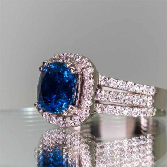 3/$35 Cushion Cut Blue Sapphire Halo Copper Ring CZ Engagement Style Statement - Picture 4 of 7